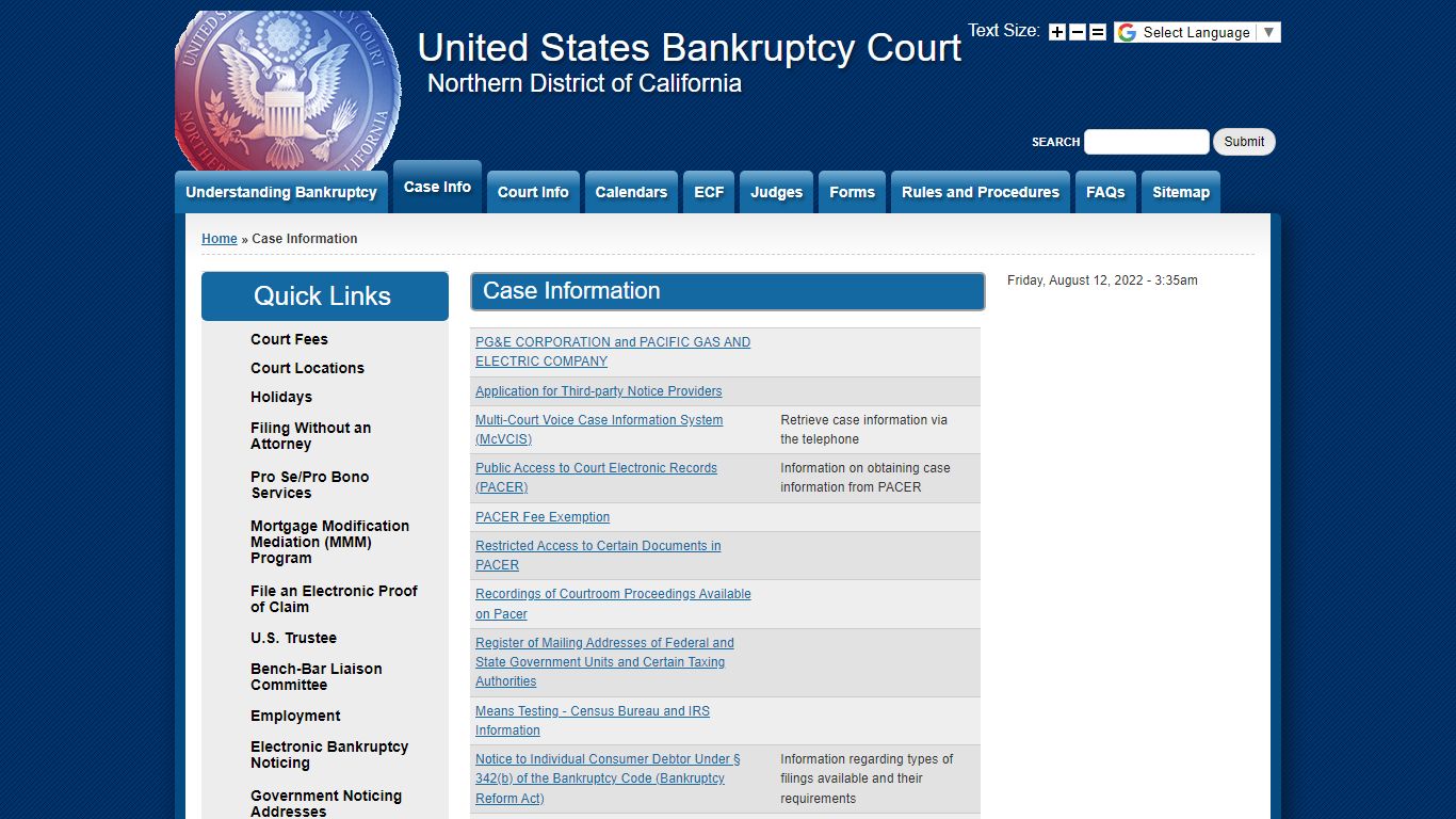 Case Information | United States Bankruptcy Court